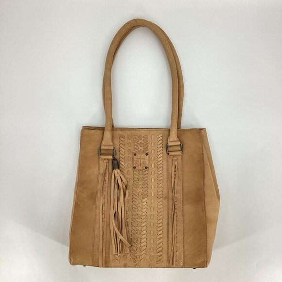STS Ranch Large Bovine Leather Cowhide Satchel Tote Tassel Brown Double Handle - Picture 12 of 12